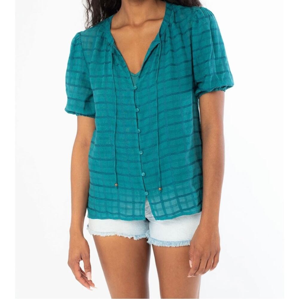 Love Stitch Women’s Green Big Sur Peasant Top Sz XS